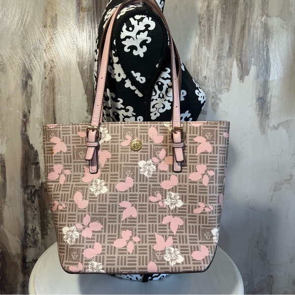 Anne Klein Floral Pink and Brown Tote Bag - Picture 1 of 6